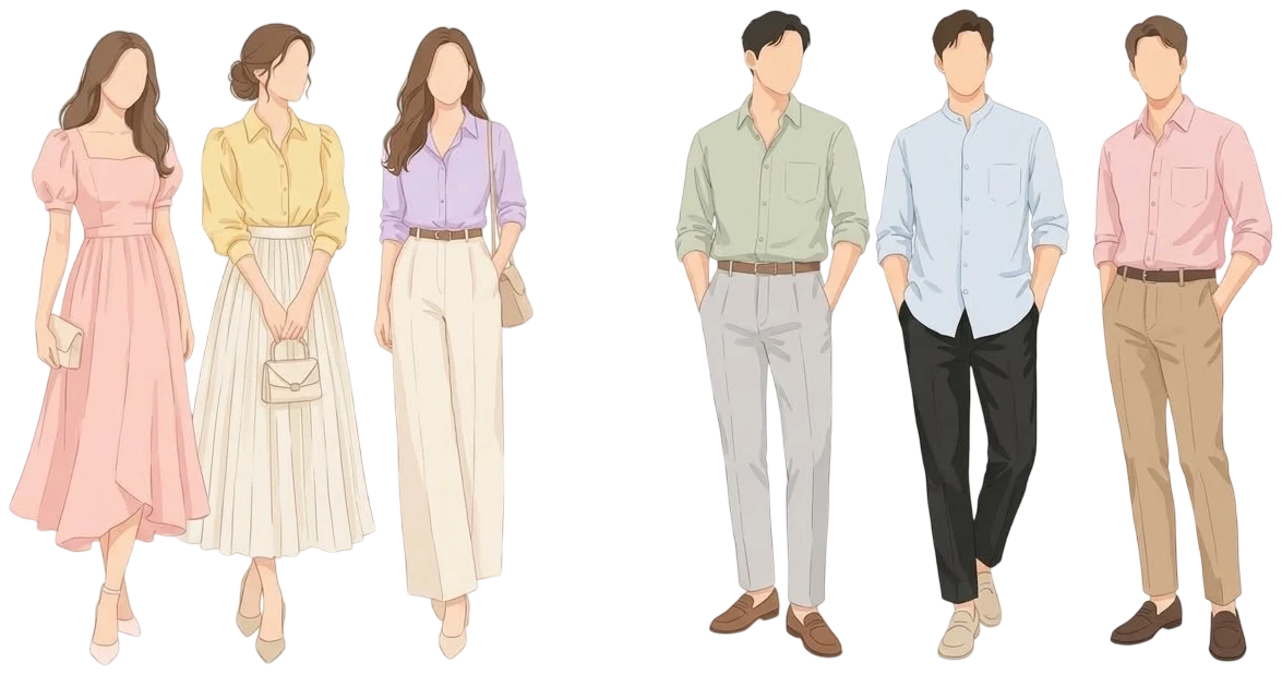 Guests dressed in pastel pink, yellow, lavender, sage green and sky blue attire