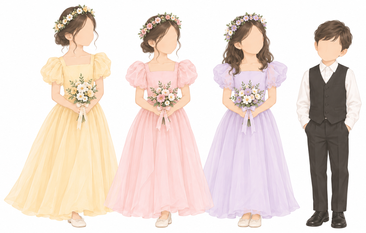 Flower girls in yellow, pink and lavender dresses beside a ring bearer in a white long-sleeve shirt and black vest